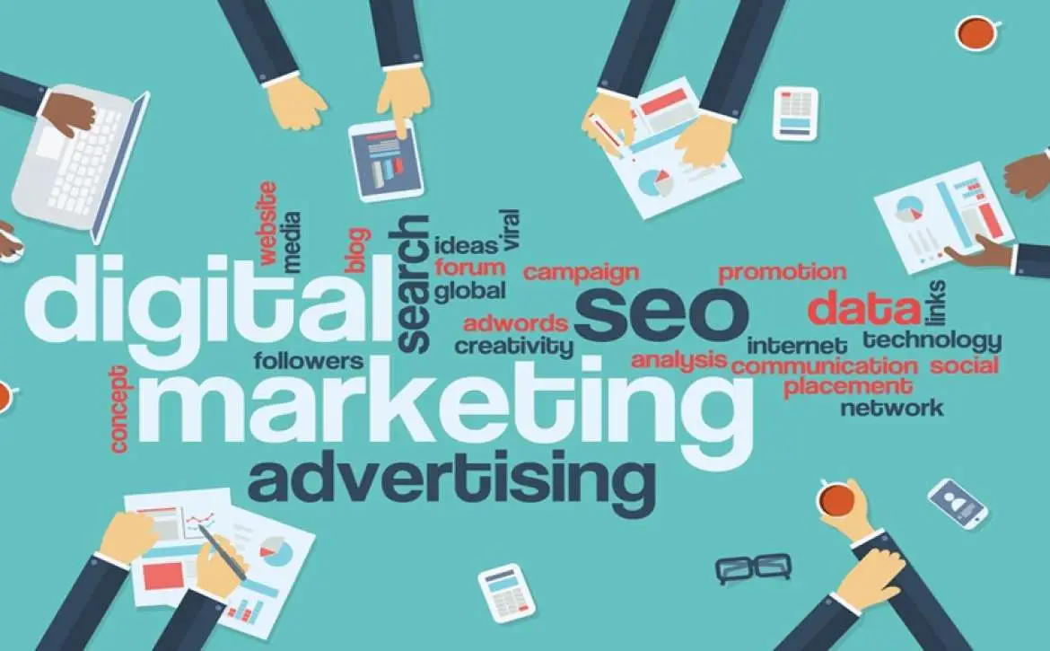 Digital marketing concept infographics vector background. Word cloud with online advertising keywords and managers analysing data preparing strategy or campaign.